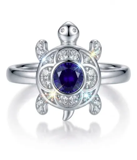 [PSS-R-1308] Om Turtle Ring in 925 Sterling Silver with Blue Sapphire Stone – Spiritual Designer Silver Ring