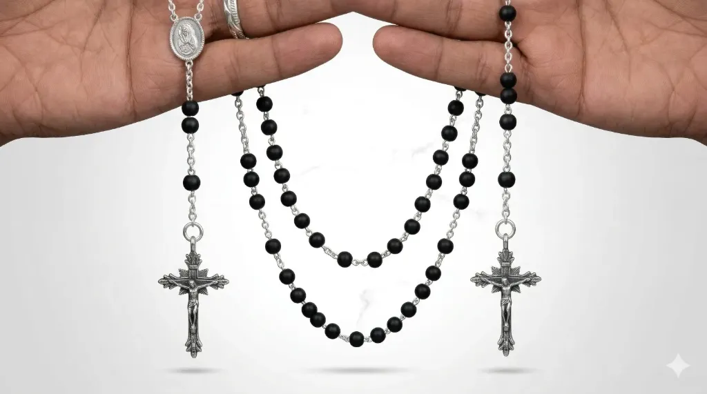 [KA-KO-SL-812] 925 Silver Karungali Kontha Mala with Black Beads & Cross Pendant – Christian Prayer Necklace