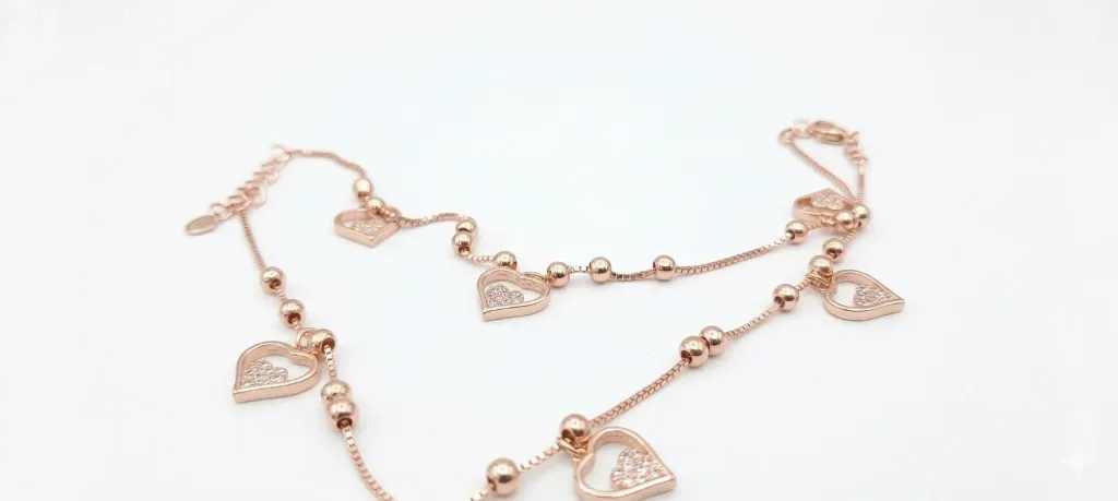 [PSS-AN-RS-900] Rose Gold Heart Charm Anklet for Women – Elegant Beaded Chain with Crystal Heart Drops