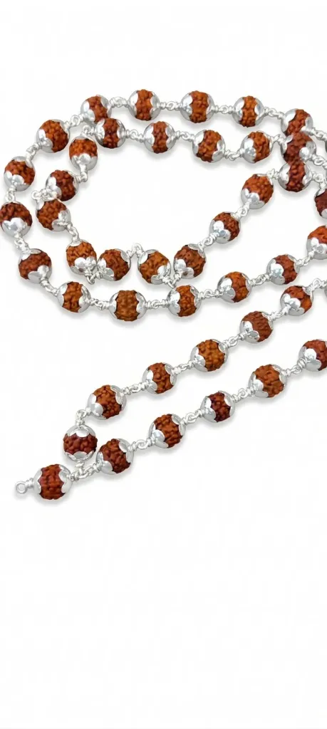 [KA-JPM-SL-RU-817] Natural Rudraksha Mala 92.5 Sterling Silver Rudraksha Bead Chain | Premium Silver Capped Rudraksha Mala Necklace | Spiritual & Daily Wear