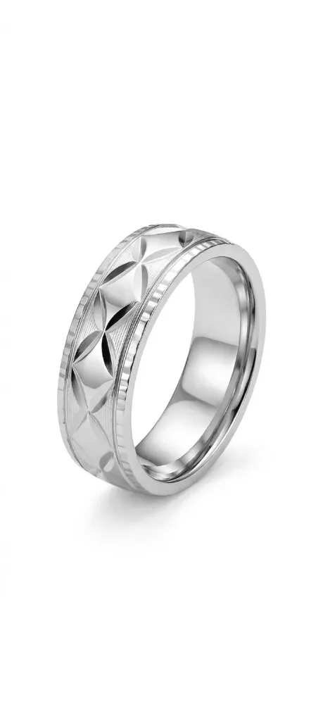 [PSS-R-1309] 925 Sterling Silver Engraved Geometric Pattern Ring – Polished Comfort Fit Band
