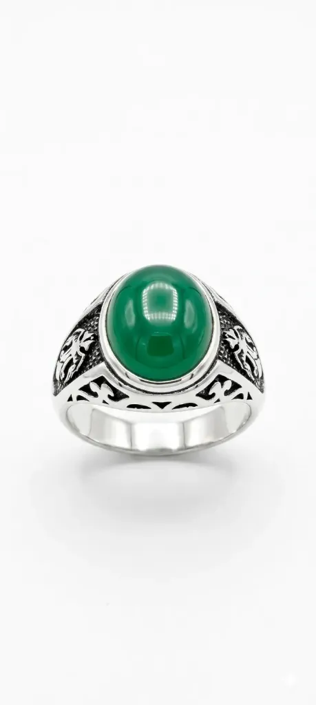 [PSS-R-1312] Men’s Green Stone Silver Ring – Oval Cabochon Statement Ring with Vintage Design
