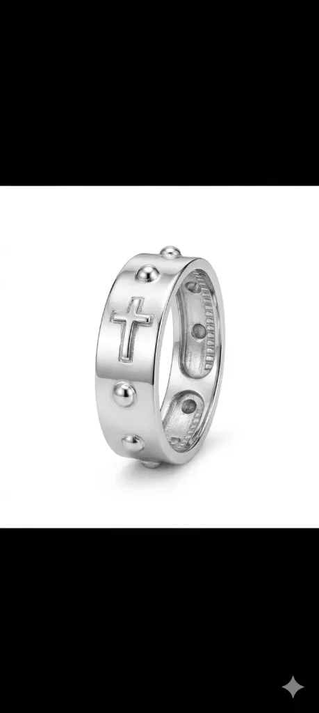 [PSS-R-1314] Men’s Cross Engraved Silver Ring – Studded Christian Faith Band