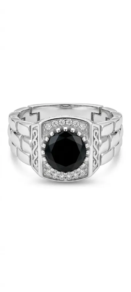 Round Black Onyx Halo Ring with Link-Style Band