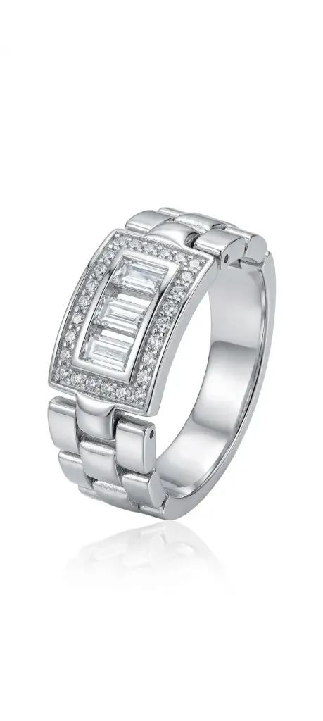 Sterling Silver Triple Baguette Halo Ring with Watch-Link Band