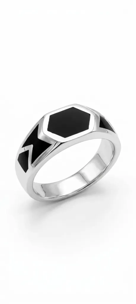 Hexagonal Black Enamel Sterling Silver Band