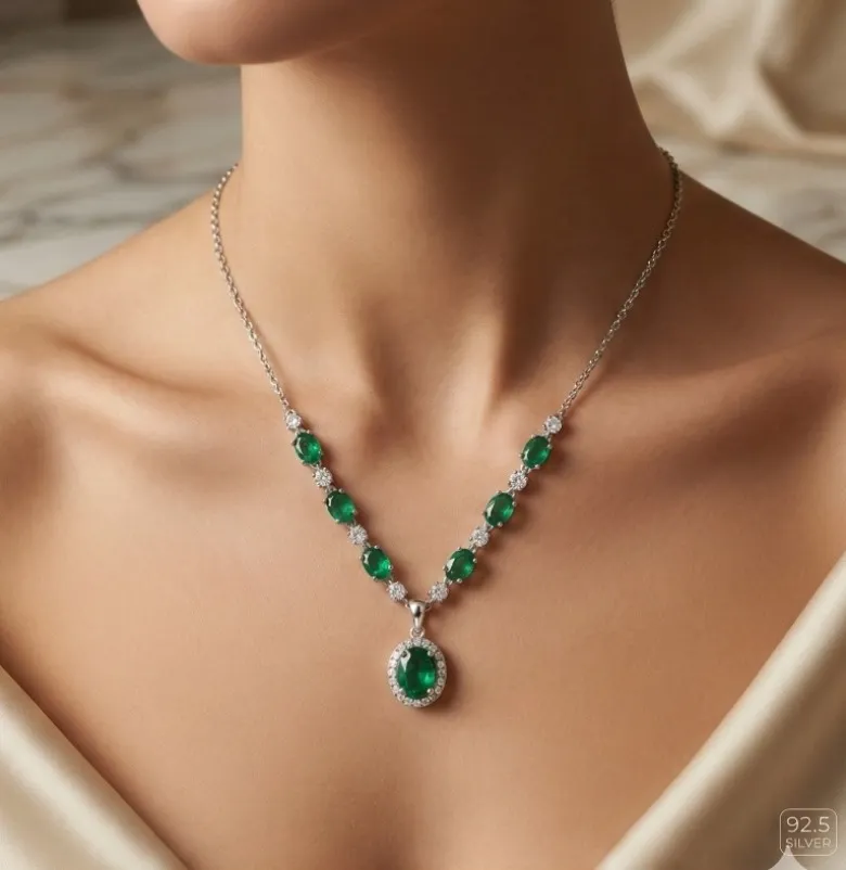 [PSS-NK-702] 925 Sterling Silver Emerald Green Oval Necklace