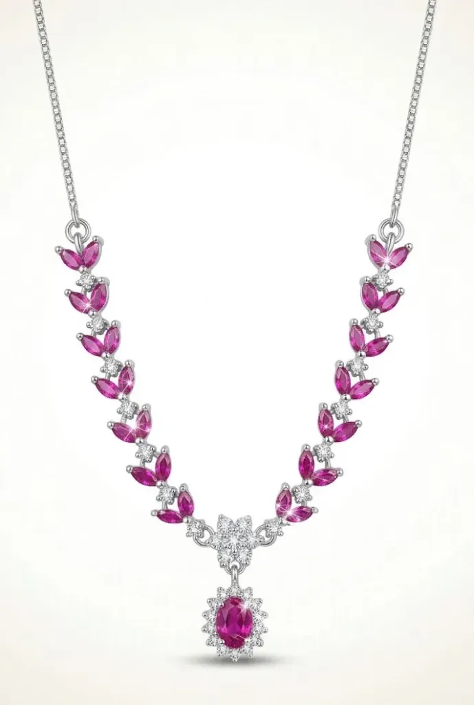 [PSS-NK-703] 925 Sterling Silver Ruby Pink Floral Necklace