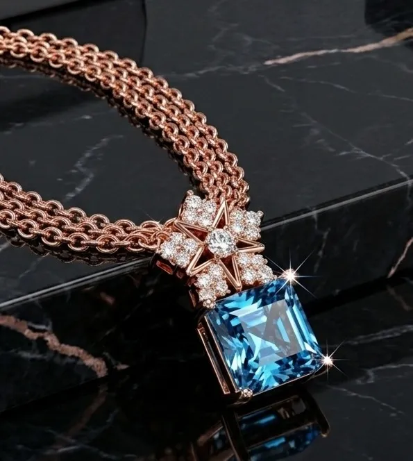[PSS-CH-603] Rose Gold Blue Crystal Statement Pendant Necklace