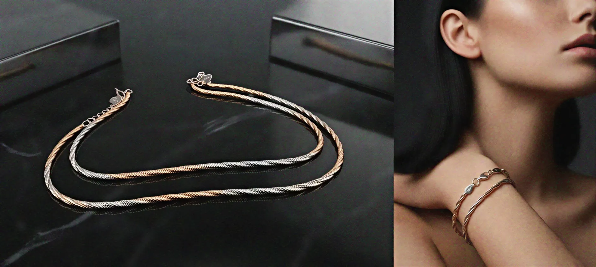 [PSS-BR-503] Two-Tone Rose Gold & Silver Twisted Herringbone Bracelet