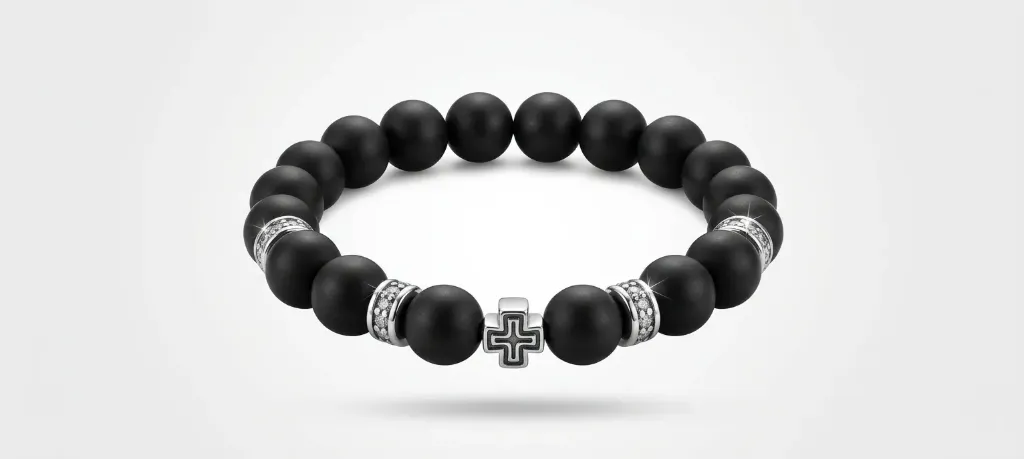 [BR-AQ-1005] Matte Black Beaded Bracelet with Cross Charm & Antique Metal Accents