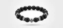 Matte Black Beaded Bracelet with Cross Charm & Antique Metal Accents