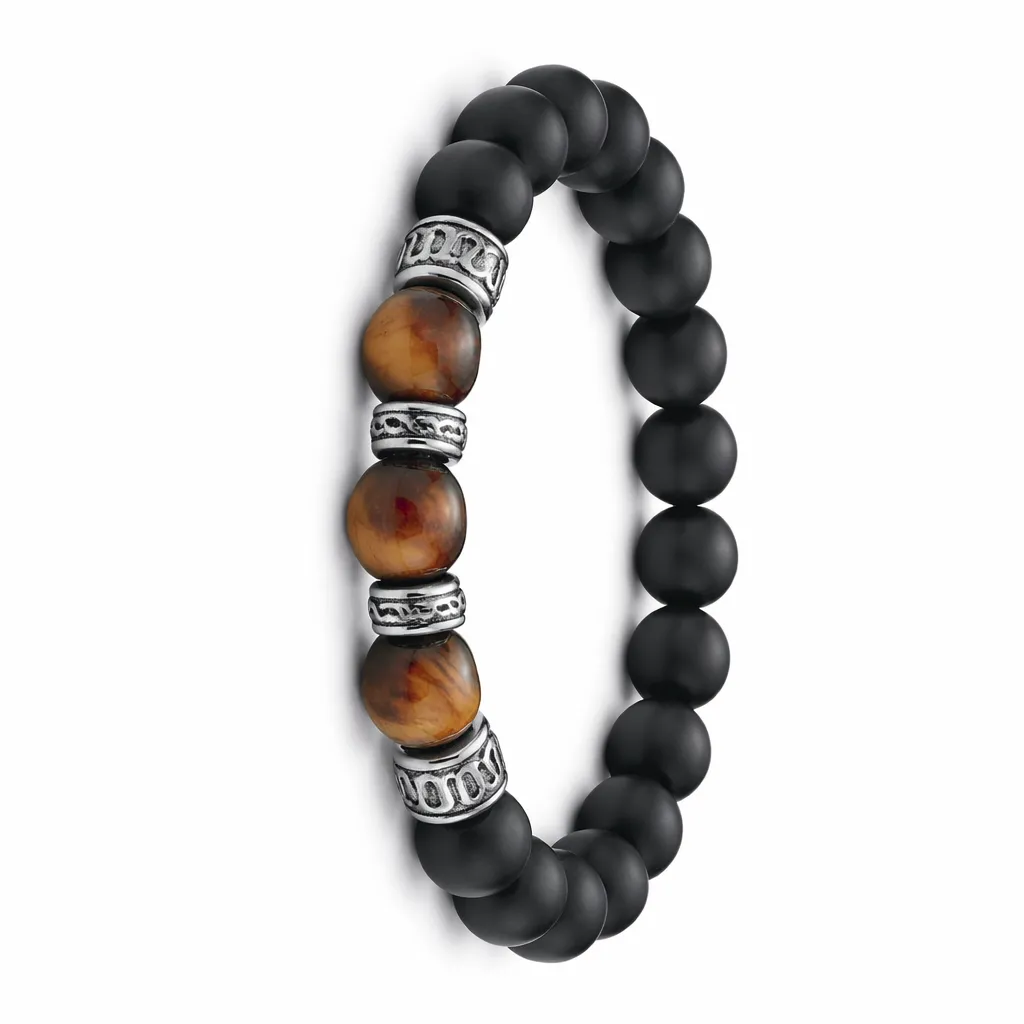 [BR-TR-1006] Matte Black & Tiger Eye Beaded Bracelet with Antique Metal Accents