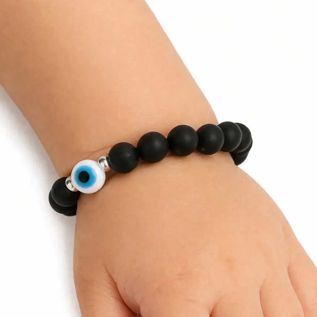 [KA-BR-KID-WH-822] Kids Karungali Bead Bracelet with Evil Eye Protection Charm (6 Months – 2 Years) (White)