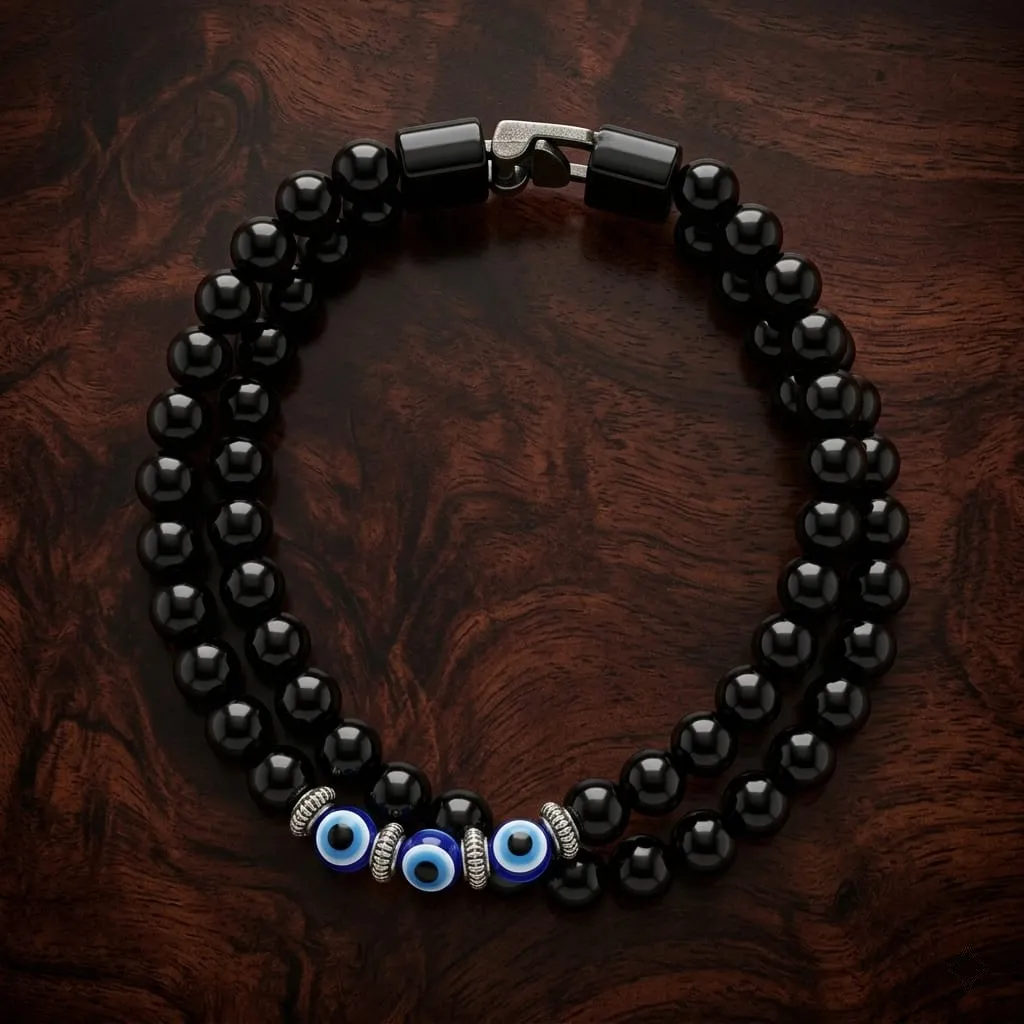 Black Bead Bracelet with Evil Eye Charms