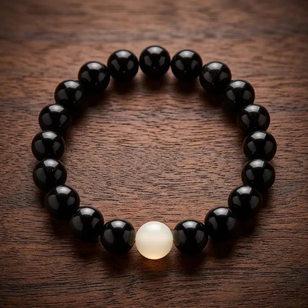 Black Bead Bracelet with White Center Bead (Minimal Spiritual Bracelet)