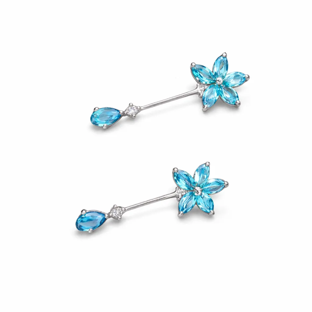 Blue Crystal Flower Drop Earrings – Elegant Silver Finish Floral Design