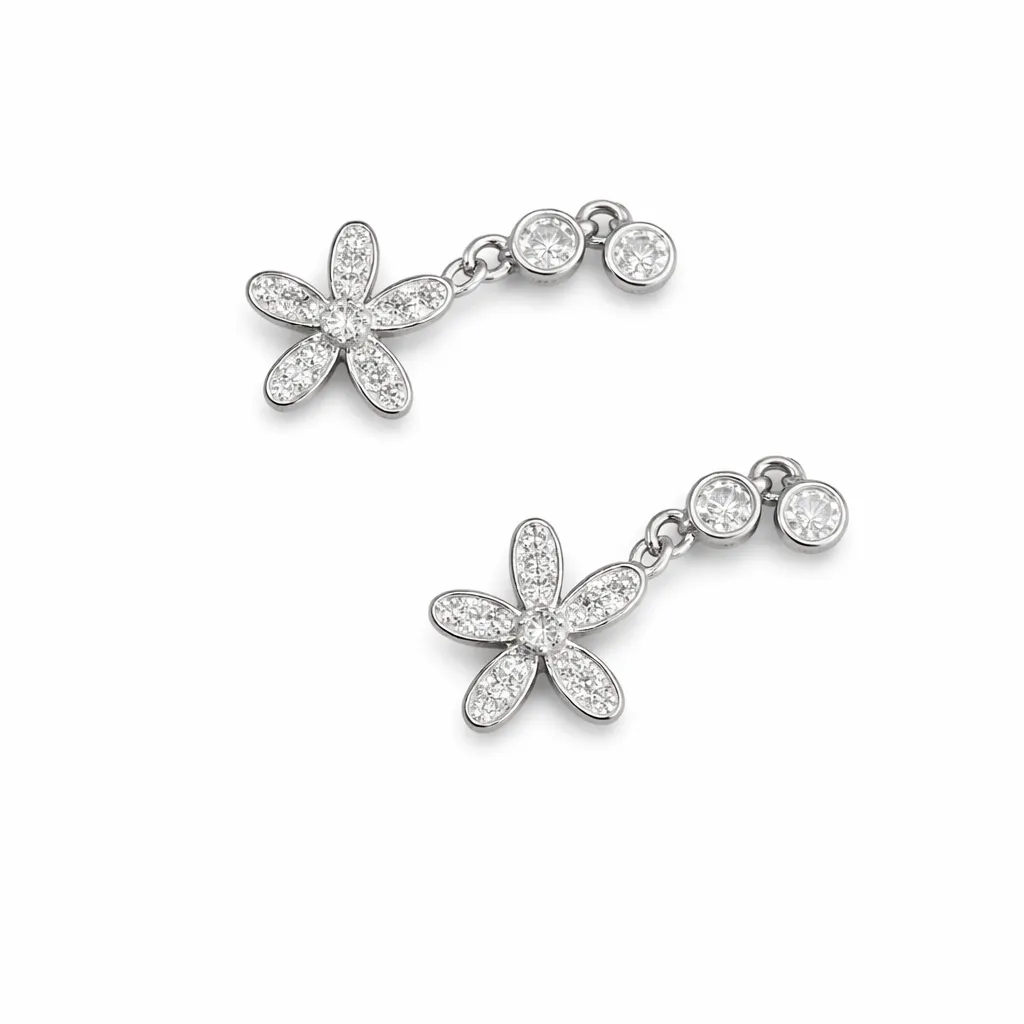 Elegant Crystal Flower Drop Earrings – Silver Finish Dangle Floral Earrings for Women