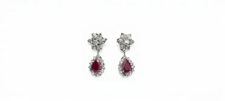 Ruby Teardrop Halo Drop Earrings – Floral Diamond Stud with Red Gemstone Dangles
