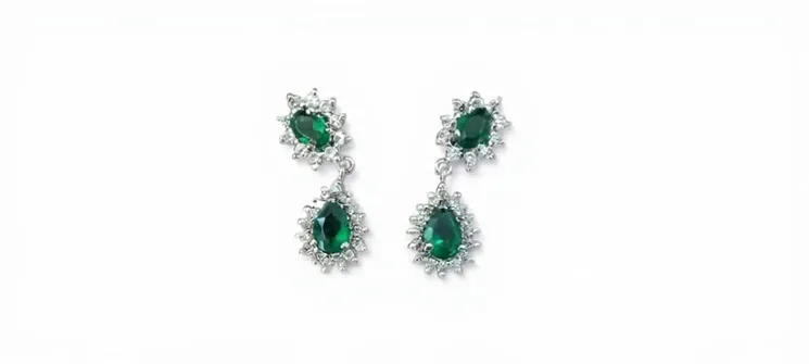 Emerald Green Teardrop Halo Dangle Earrings – Vintage Statement Drop Earrings in Silver