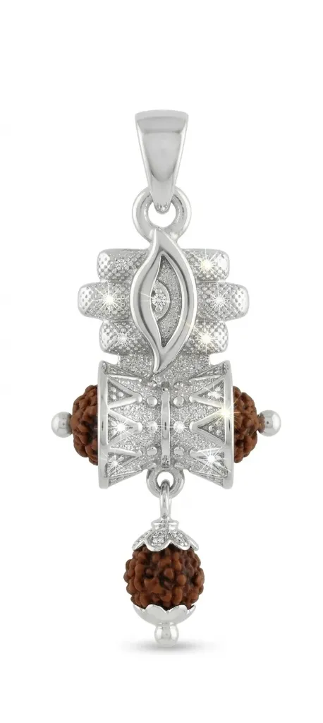 [PSS-PND-RU-1209] Silver Rudraksha Damru Pendant with Shiva's Third Eye